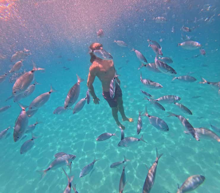 Cagliari: Boat Tour, 4 Stops, Swim, Snorkeling, & 1 Spritz - Cala Fighera, rock, water, and photo time
