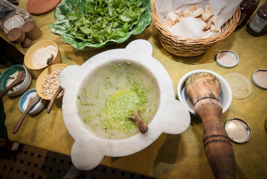 Levanto: Pesto-Making Class - Washing basil and working the mortar